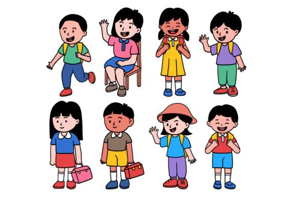 Cute Kids School Characters Doodle Set